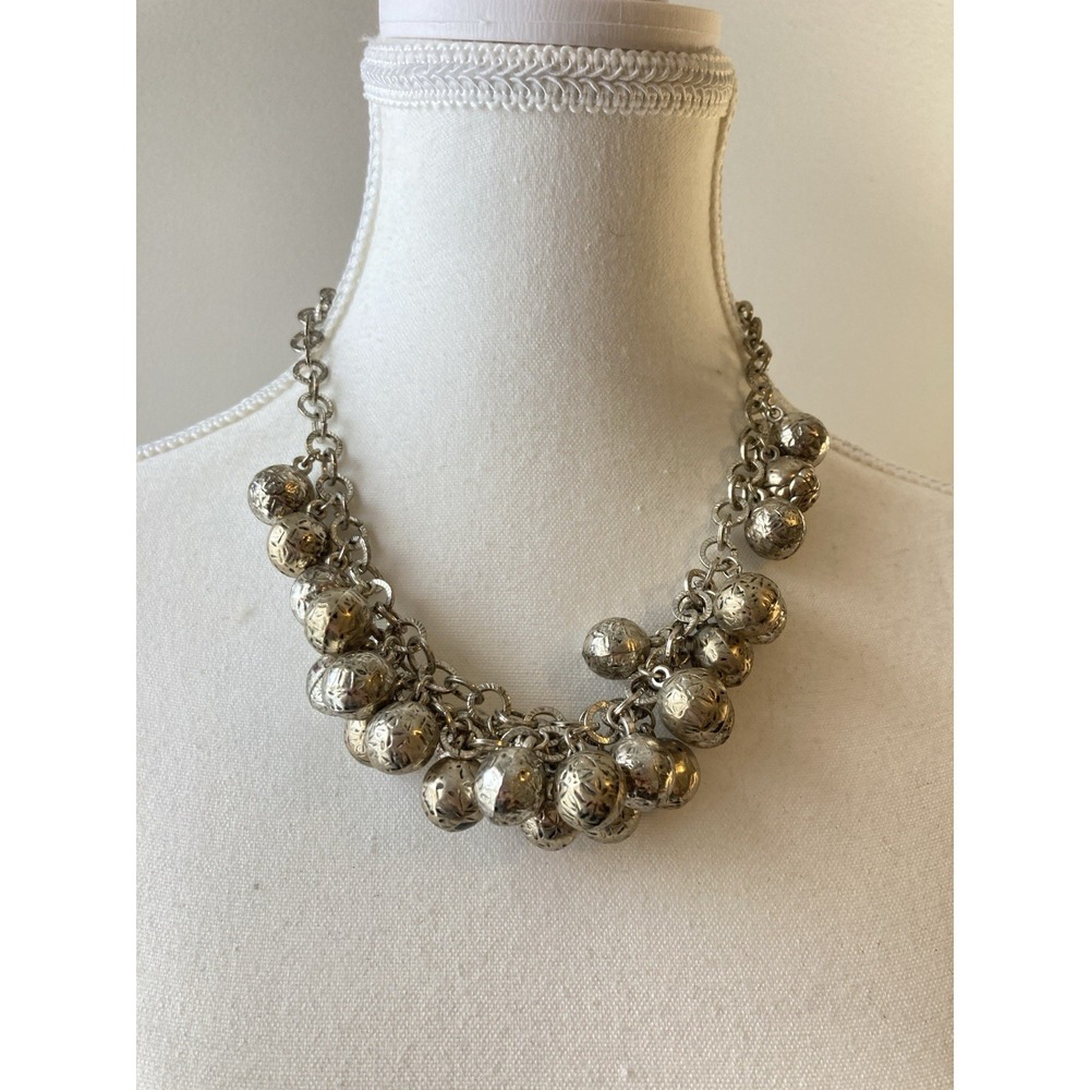Silver Tone Ball Cluster Necklace Textured Bead Charm Statement Bib Chunky